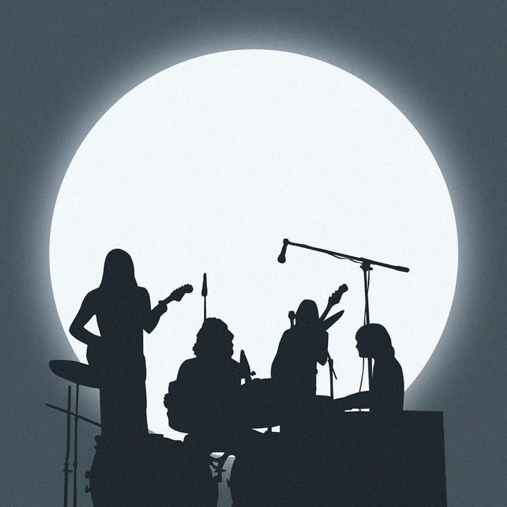 the silhouettes of people playing instruments in front of a full moon with microphones