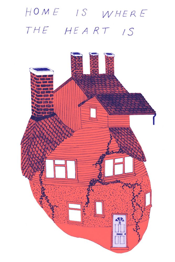 a drawing of a house with chimneys and the words home is where the heart is