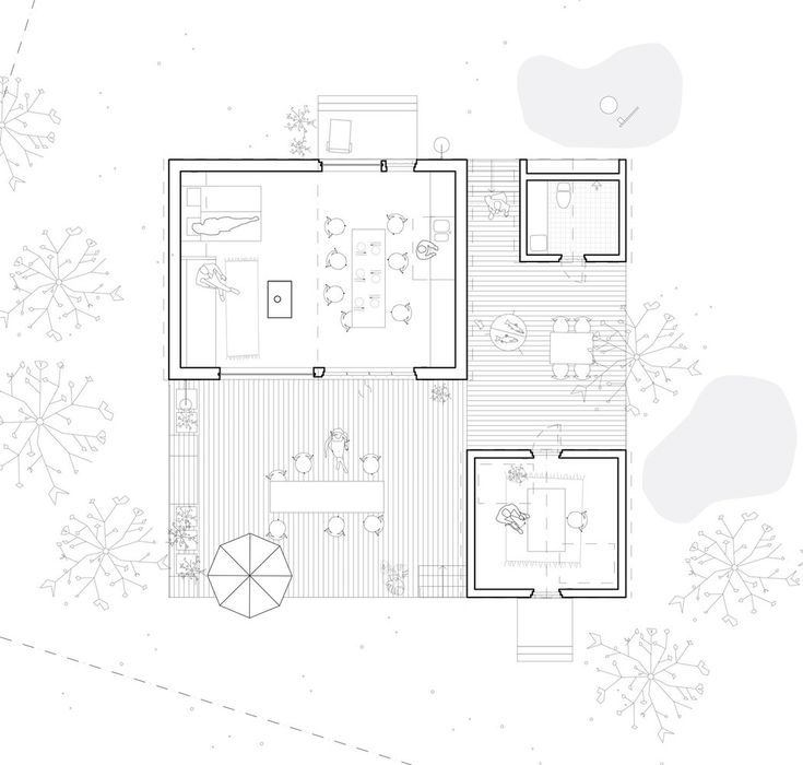 the floor plan for a house with two rooms and one living room, which is surrounded by snowflakes