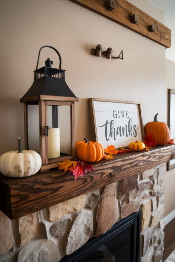 a fireplace mantle decorated with pumpkins, candles and a sign that says give thanks