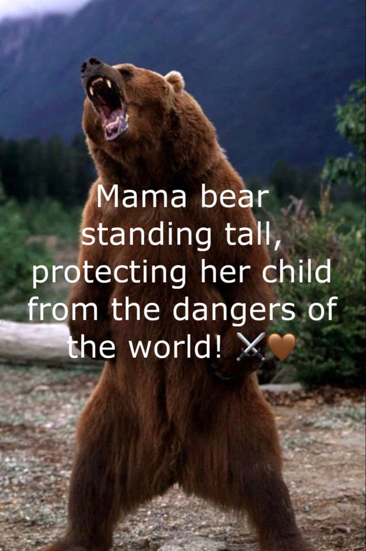 a brown bear standing on its hind legs with the caption mama bear standing tall, protecting her child from the dangers of the world