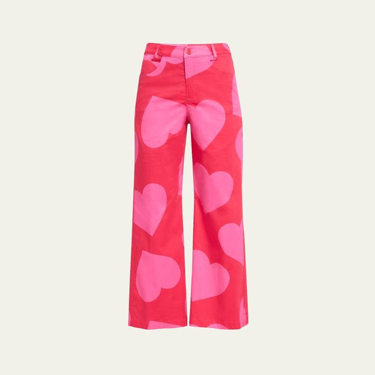 Libertine "Pinky" pants in red heart print Cropped fit Mid rise sits high on hip Wide legs Five-pocket style Button/zip fly; belt loops Cotton/elastane Dry clean Made in USA Travel Size Perfume, Cropped Wide Leg Pants, Evening Flats, Cocktail Jacket, Cleanser And Toner, Wide Legs, Pump Sandals, Lingerie Sleepwear, Heart Print