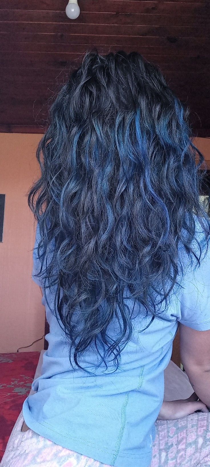 Blue Black Hair Color Curly, Curly Hair Color Ideas Blue, Hair Dye For Wavy Hair, Blue Hair Highlights Curly, Dark Blue Hair With Light Blue Highlights, Black Hair With Blue Highlights Curly, Midnight Dark Blue Hair Curly, Blue Hair Streaks Curly, Dark Blue Highlights Curly Hair