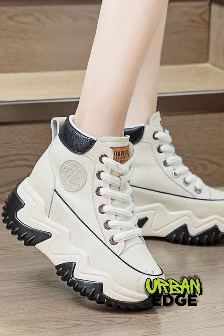 Elevate your style with our Women's Chunky Platform High Top Sneakers. The chunky platform provides added height and support, while the high top design adds a trendy touch. Perfect for any casual or athletic look, these sneakers will keep you comfortable and stylish all day long. #chunkyplatformsneakers #hightops #womenshoes #truedealsclub #chunkyshoes Trendy High-top Height Increasing Wedge Sneakers, Trendy High-top Wedge Sneakers With Height Increasing Feature, Trendy White High Heel Wedge Sneakers, Height-increasing Leather Sneakers With Round Toe, Leather Height-increasing Sneakers With Round Toe, Leather Height Increasing Sneakers With Round Toe, White High-top Sneakers With Rubber Heel Cap, Trendy White Leather Wedge Sneakers, White High-top Boots With Thick Bottom