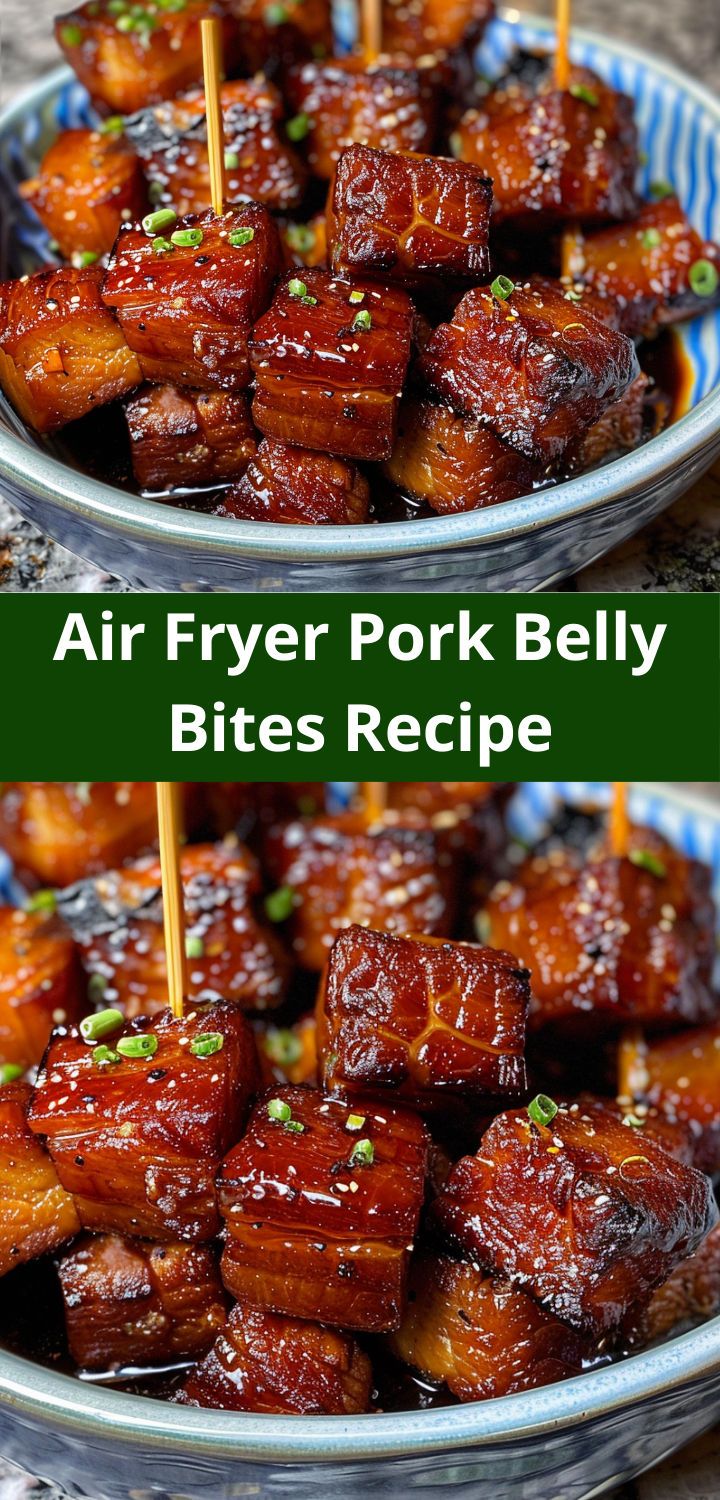 two bowls filled with food sitting on top of a table next to each other and the words air fryer pork belly bites recipe