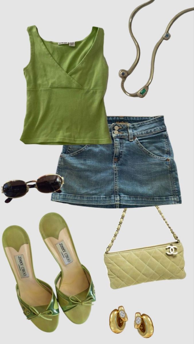 Green tank top and denim skirt! Green heels with a green purse. A pair of sunglasses and a statement necklace! #summer #fashion #summeroutfitideas #green #tanktopoutfits #denim #skirtfashion #heels #green #bows #pursesandhandbags #sunglasses #statementjewelry #necklace Summer Heel Outfits, Outfit Ideas Green Top, Denim And Green Outfit, Summer Outfits Denim Skirt, Outfits With Green Skirt, Green Tank Outfit, Green Top Outfit Summer, Skirt Tank Top Outfit, Green Top Outfit Aesthetic