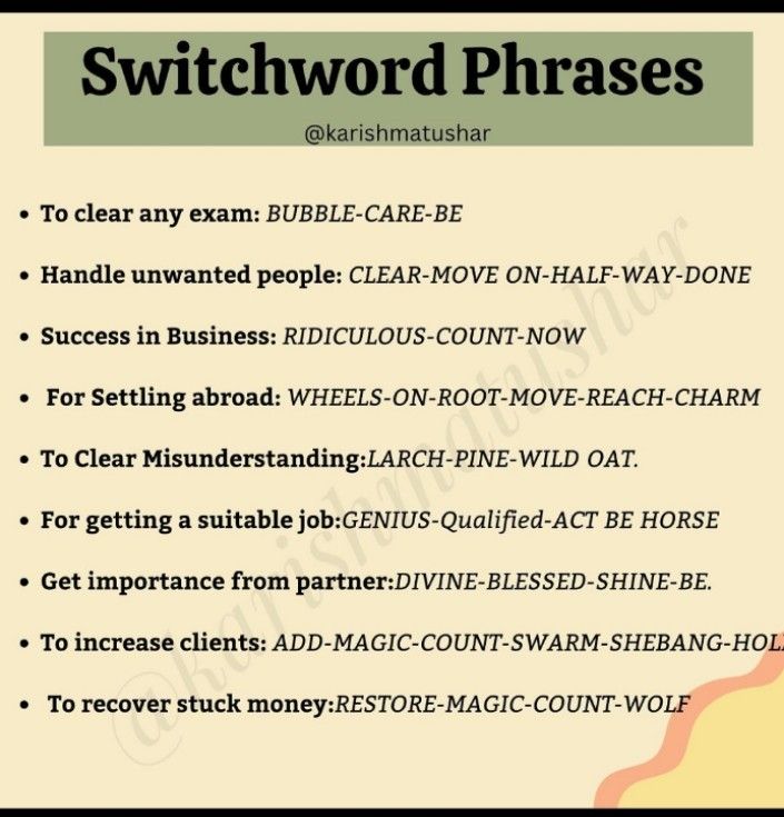 Switch Code For Job, Switch Words For Studies, Switch Codes For Money, Grabovoi Codes For Exam Success, Switch Words For Beauty, Switchwords For Money, Vedic Switch Words, Switch Words For Miracle, Switch Words For Job