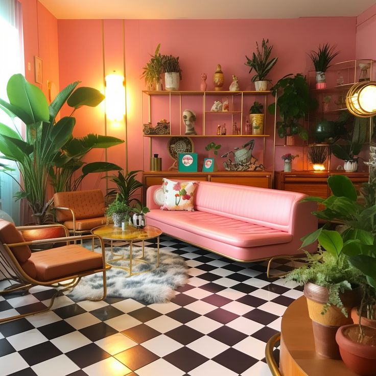 a living room filled with furniture and lots of potted plants on top of a black and white checkered floor