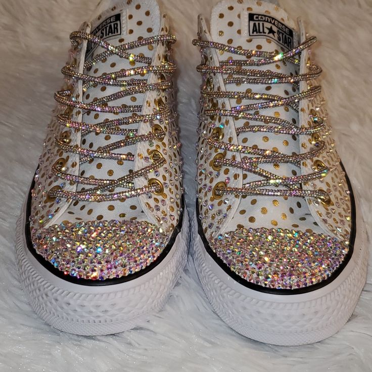 Size 12 Women Or Size 10 Men White With Gold Polka Dots Accented With Gorgeous Rhinestones And Rhinestone Laces. Brand New, No Box. White Party Sneakers With Rhinestones, White Rhinestone Party Sneakers, Converse Sneakers With Rhinestones And Round Toe, White Bling Sneakers For Party, White Bedazzled Sneakers For Party, White Bedazzled Party Sneakers, Converse Gold, Size 12 Women, Shoes Converse