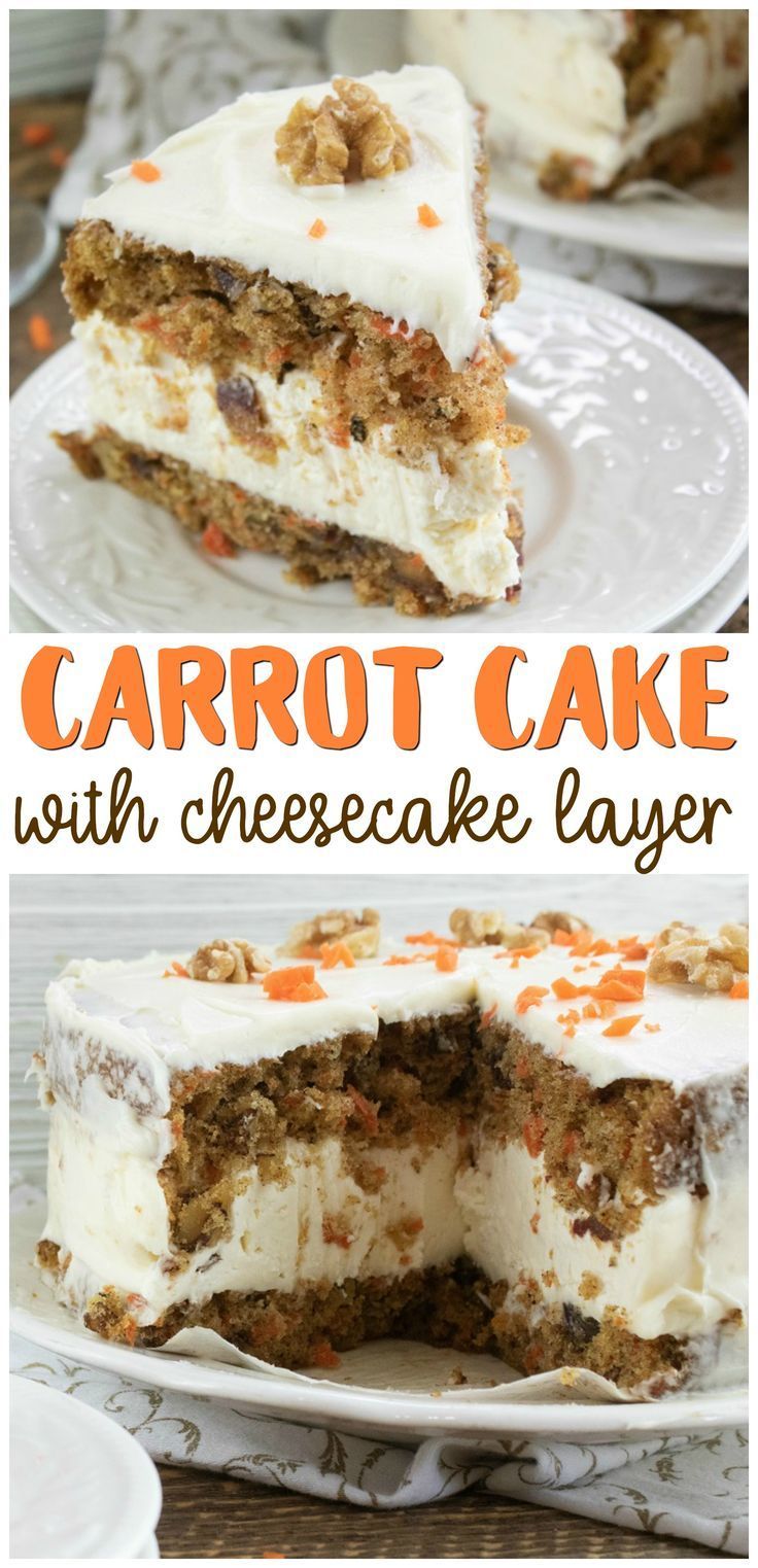 carrot cake with cheesecake layer is cut in half and served on a white plate