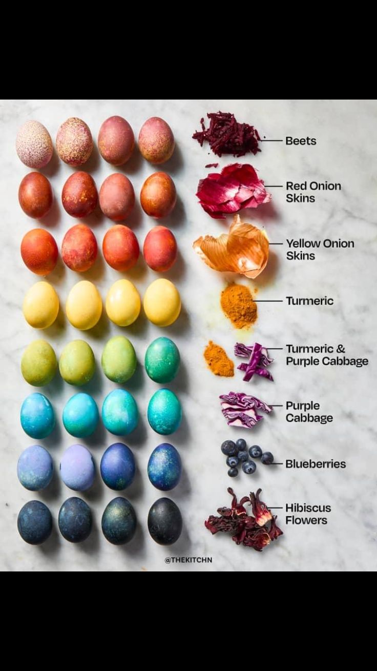 an assortment of different colored eggs on a marble counter top with the names of them