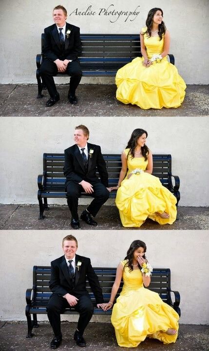 two people in formal wear sitting on a bench and another person wearing a dress with long sleeves