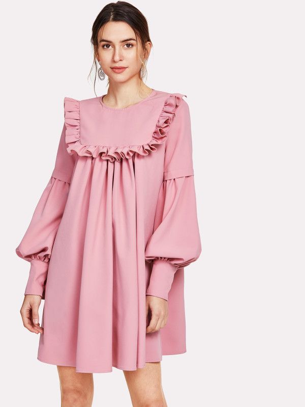 Ruffle Yoke Lantern Sleeve Flowy Dress -SheIn(Sheinside) Asian Wedding Dress Pakistani, Detail Couture, Dresses For Pregnant Women, Yoke Dress, Fashion Tops Blouse, Muslim Fashion Outfits, Pink Dresses, Dresses Pink, Dress Spring