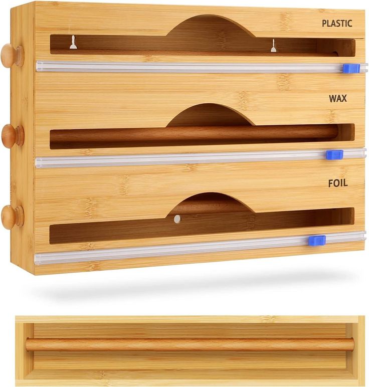 a wooden rack with three different sections on each side and the words plastic, wax, foil