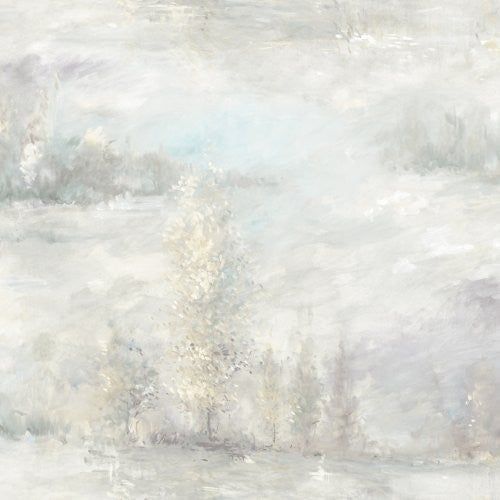 an abstract painting with white and grey colors on the wall, trees in the foreground