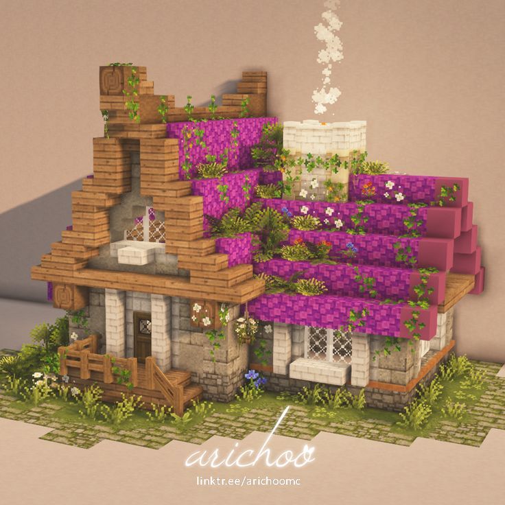 the house is made out of bricks and has purple flowers growing on it's roof