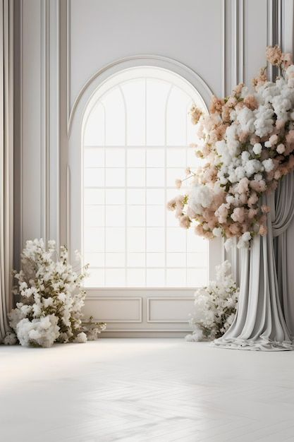 an empty room with white walls and flowers on the windowsill, in front of a large arched window