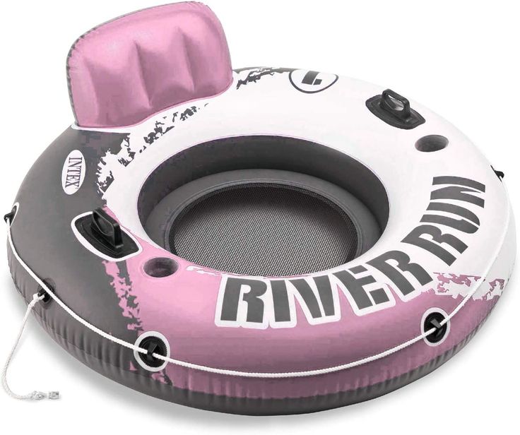 an inflatable raft is sitting on top of a stand and has a pink seat