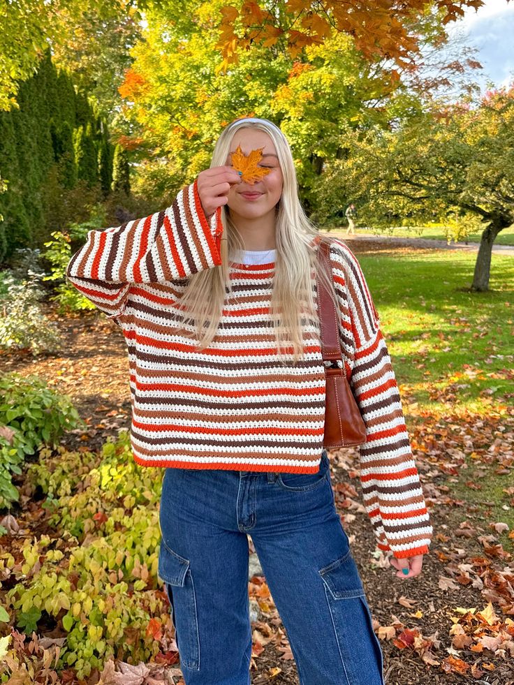 Striped Bell Sleeve Sweater Stripe Crochet Sweater, Crochet Striped Sweater, Oversized Crochet Sweater, Striped Crochet Sweater, Crochet Sweater Ideas, Fall Crochet Projects, Crocheted Sweaters, Crochet Sweater Design, Stripe Crochet