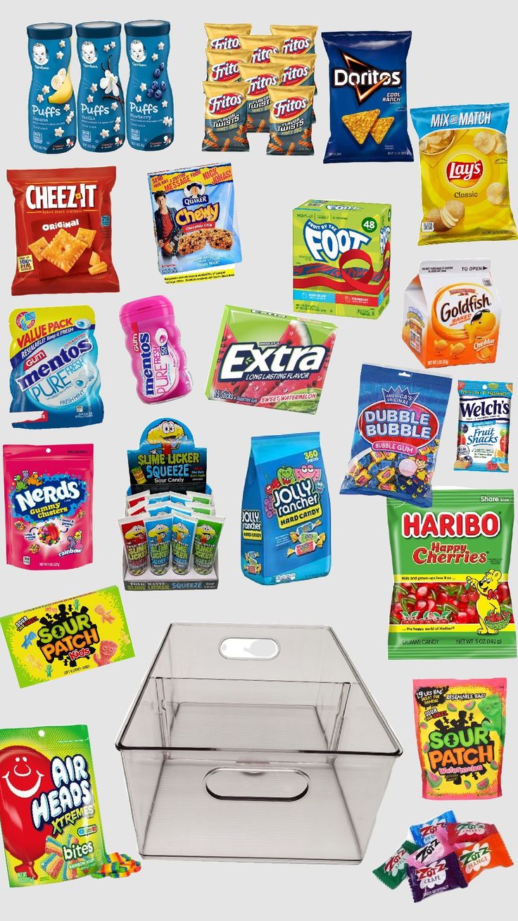 an assortment of snacks are displayed on a white background, including cheetos and chips