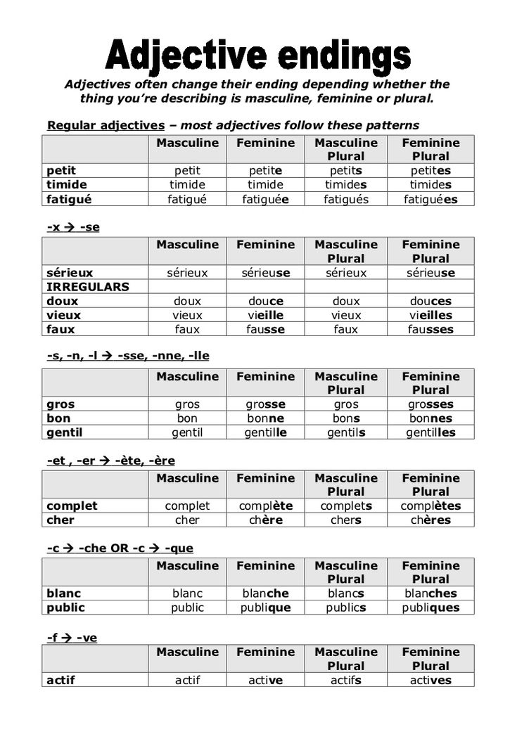 a table with the words and numbers in each language, including an adjective ending