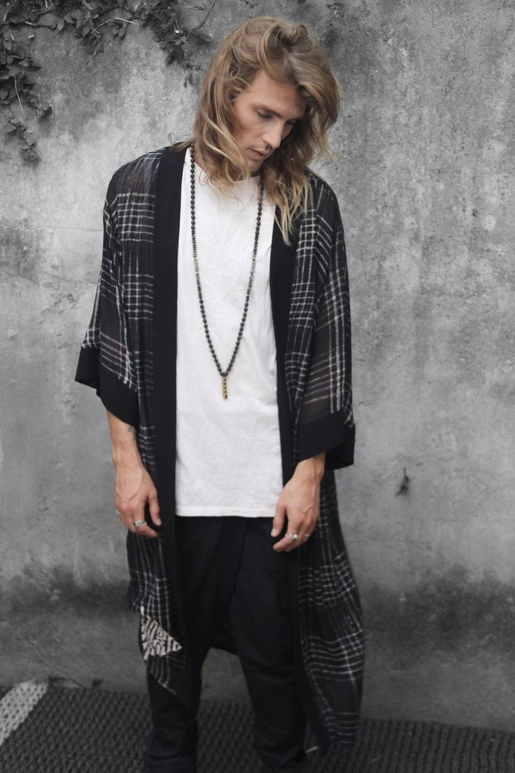 Mens Kimono Robe, Alternative Men's Clothing, Rayon Robe, Black Check Robe, Burning Man Urban Streetwear Festival Boho Clothing Gift For Him ORIKI > Robe > BLK Check > ss18 This boho chic kimono style robe is an absolute must in any men's wardrobe! Super comfy and stylish, with that extra boho touch that will upgrade your look~ Made from high quality soft rayon fabric. Great as a festival outfit, for that one of a kind groom robe, wedding gift, boyfriend gift ~~ My designs feature my or Coachella Festival Outfit, Boho Men Style, Mens Kimono, Men's Kimono, Alternative Men, Male Kimono, Boho Men, Urban Streetwear, Street Wear Urban