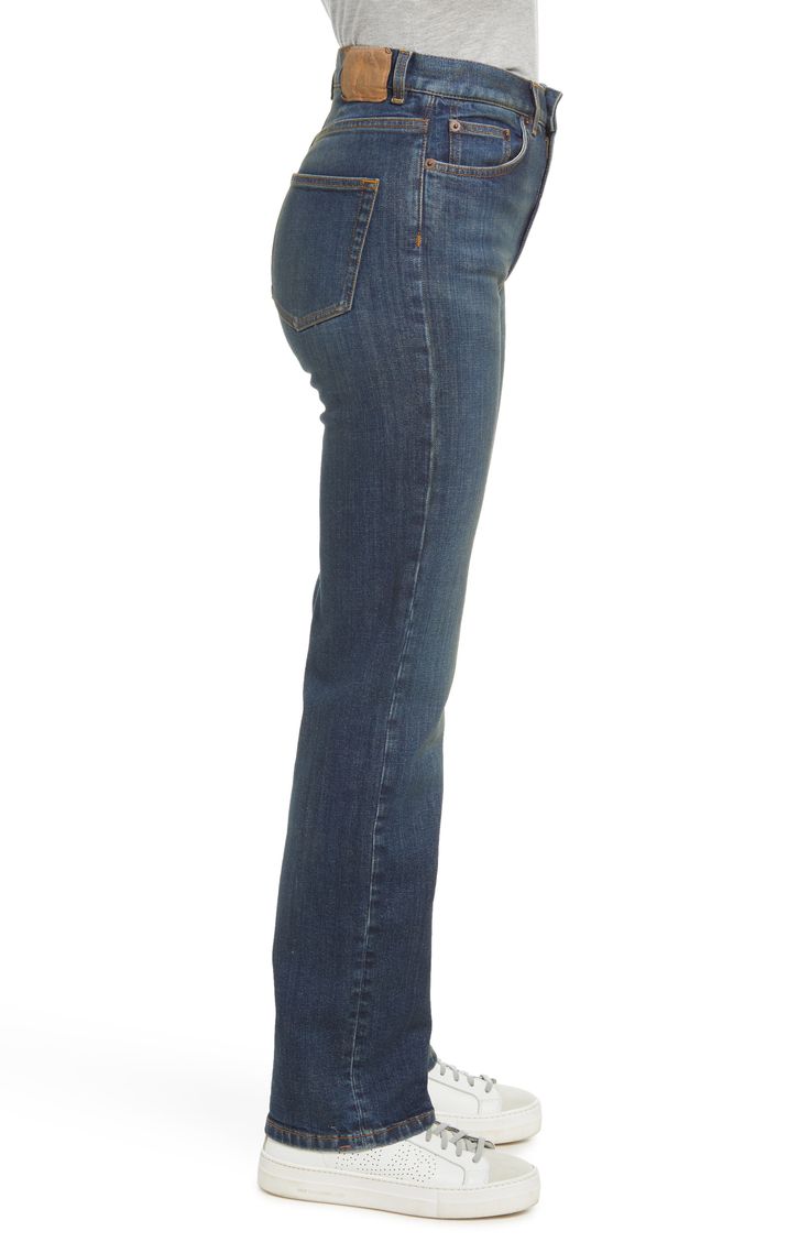 A high-rise silhouette and stretch-kissed denim lend all-season versatility to these slim-fitting straight-leg jeans. 17 1/2" leg opening; 12" front rise; 15" back rise Zip fly with button closure Five-pocket style 93.5% organic cotton, 5% recycled polyester, 1.5% elastane Machine wash, dry flat Made in Turkey Women's Clothing Fitted Straight Jeans With Five Pockets, Fitted Straight Silhouette Denim Jeans, Fitted Straight Silhouette Jeans, Straight Silhouette Denim Bottoms For Fall, Denim Bottoms With Straight Silhouette For Fall, Modern Fitted Straight Leg Jeans, Dark Wash High Rise Straight Fit Flare Jeans, Classic High Rise Stretch Flare Jeans, Classic High-rise Stretch Flare Jeans