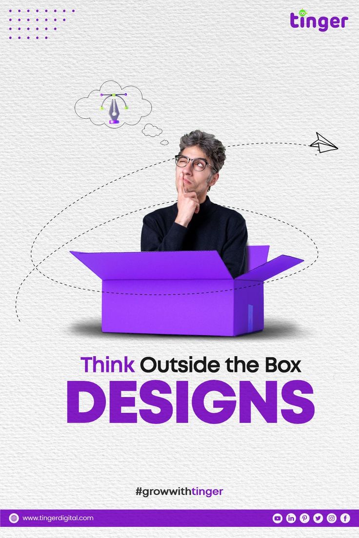 a man sitting in a box with the words think outside the box designs