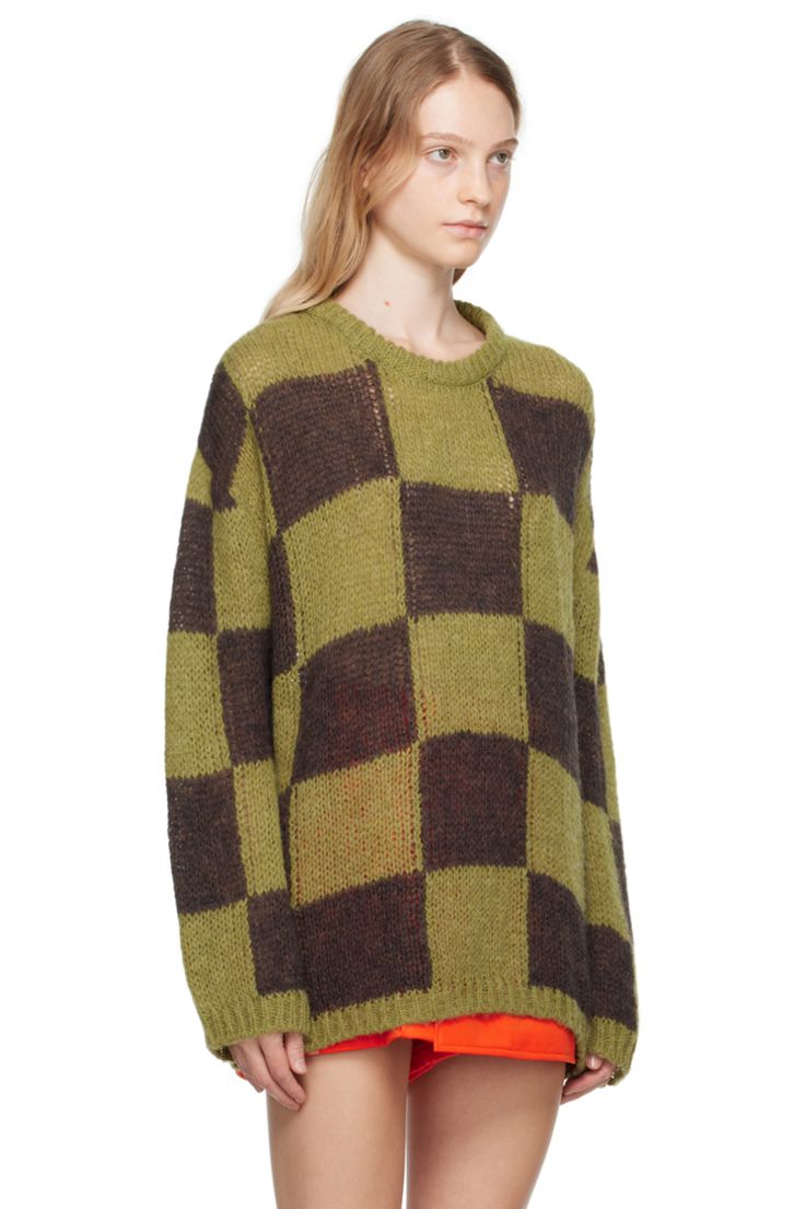 Green & Brown Checker Board Sweater by OPEN YY on Sale Check Sweater, Brown Knit Sweater, Latest Sweater, Knit Alpaca, Personal Brand, Merino Wool Sweater, Knit Crewneck, Beige Sweater, Sweater Design