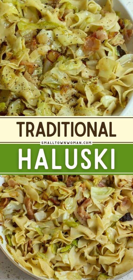 this is an image of traditional haluski pasta in a bowl with text overlay