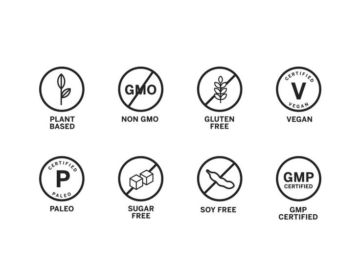 black and white logos with different types of food in the middle one is for gmp, gluten free, soy free, plant based, vegan