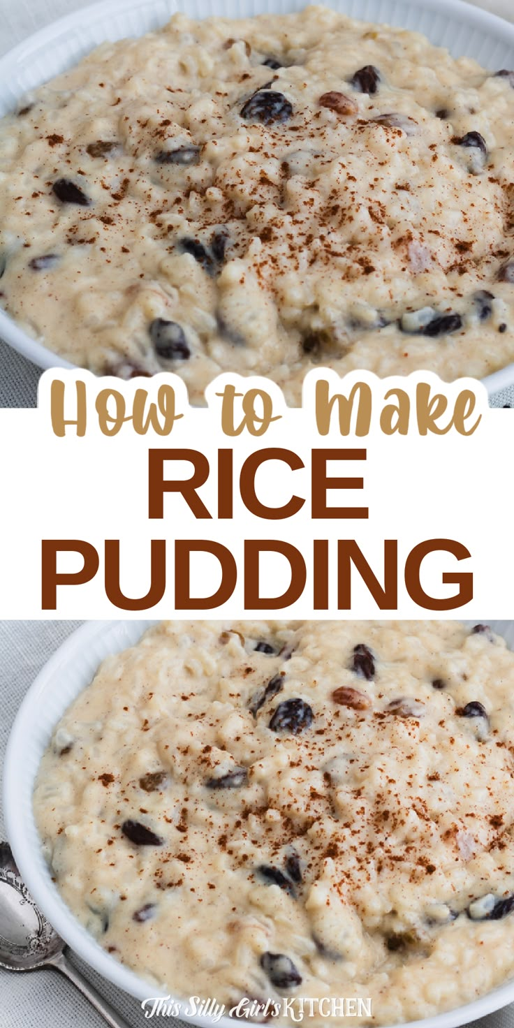 rice pudding in a white bowl with chocolate chips on top and the words how to make rice pudding