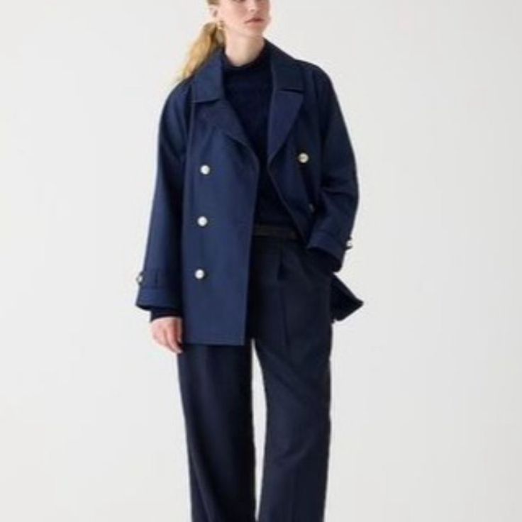 Navy Short Trench Coat Style: Bj979 Blue Double-breasted Outerwear With Button Cuffs, Spring Business Peacoat With Pockets, Tailored Long Sleeve Peacoat For Work, Navy Outerwear With Pockets For Work, Double-breasted Gabardine Outerwear For Work, Blue Pea Coat For Work With Buttons, Navy Double-breasted Pea Coat For Work, Blue Pea Coat With Buttons For Work, Navy Outerwear With Lapel Collar For Work