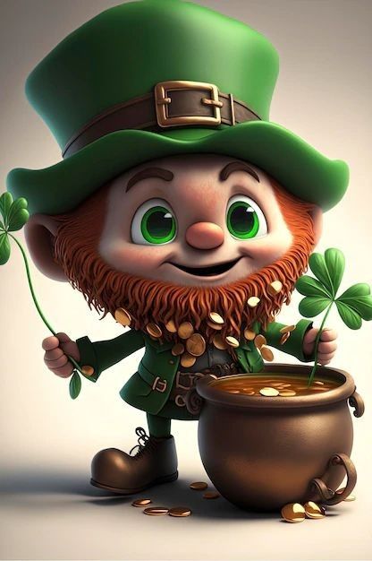 a cartoon leprezistah holding a pot of gold coins and shamrocks