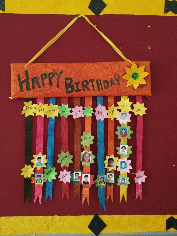 a happy birthday sign made out of paper and ribbons with pictures hanging from the front