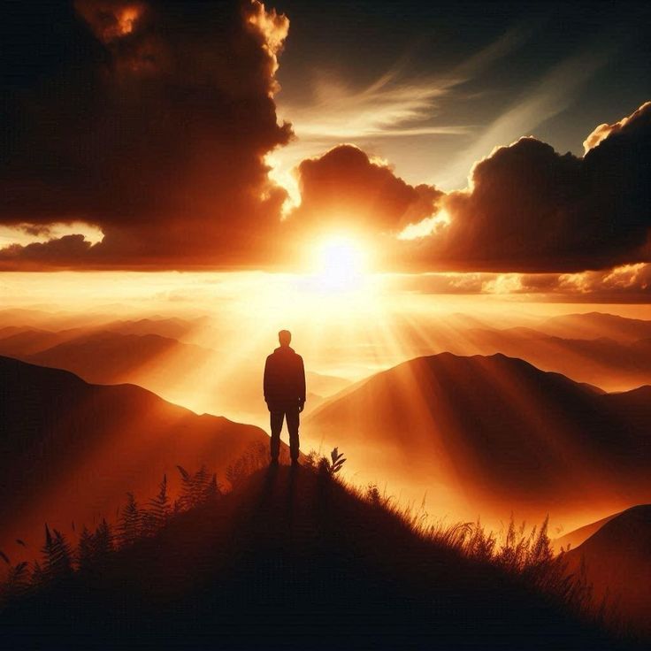 a person standing on top of a hill with the sun shining through clouds in the background