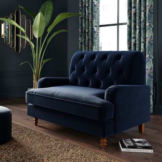 a blue couch sitting in front of a window next to a tall green plant on top of a wooden floor