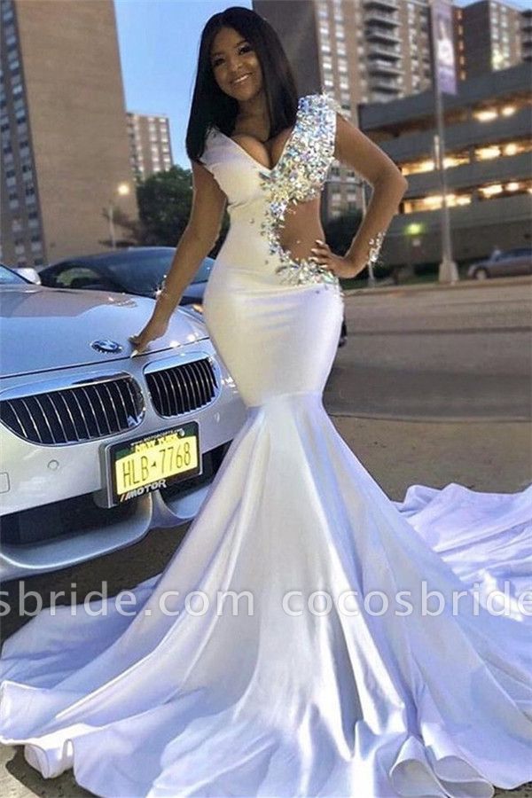 Sweep Train Prom Dress, White Mermaid, Prom Girl Dresses, V Neck Prom Dresses, White Prom Dress, Beaded Prom Dress, Prom Girl, Rhinestone Dress, Satin Prom Dress