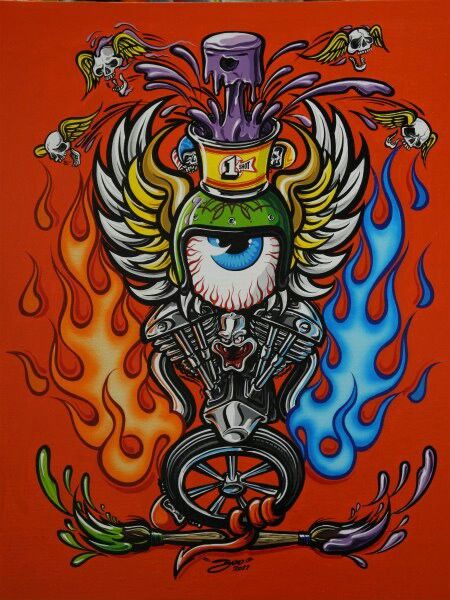 a painting of a person riding a bike with flames in the background and skulls on it