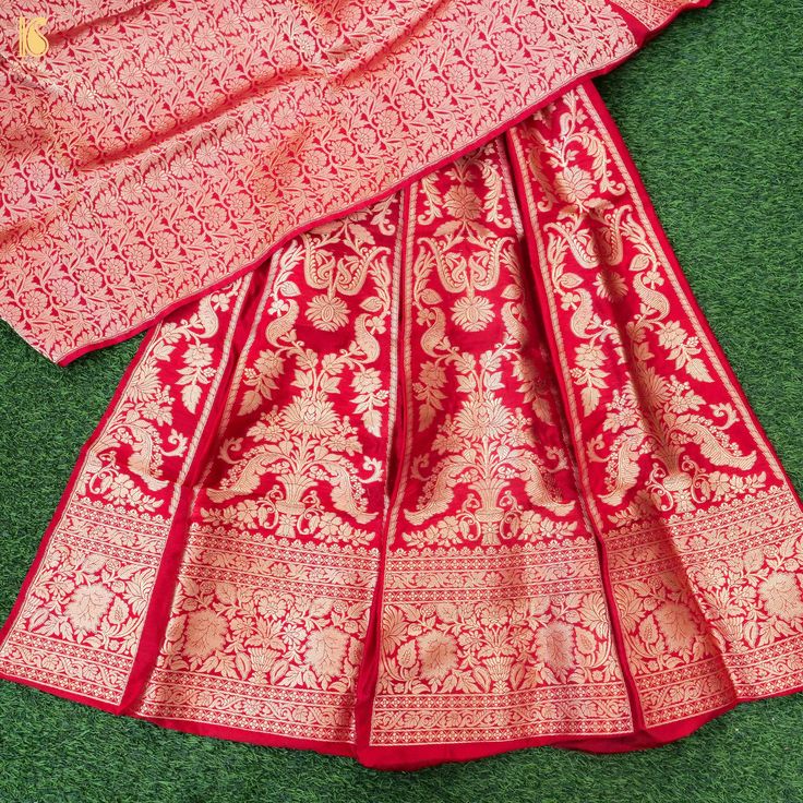 Red Pure Katan Silk Handloom Banarasi Kalidar Lehenga - Khinkhwab Traditional Floor-length Unstitched Suit With Dupatta, Wedding Choli With Tilla Detail In Brocade, Wedding Choli With Tilla In Brocade, Brocade Lehenga With Tilla Detail For Festive Occasion, Elegant Art Silk Lehenga With Tilla, Traditional Wedding Choli In Raw Silk, Festive Raw Silk Sharara With Tilla Details, Elegant Art Silk Lehenga With Tilla Detail, Bollywood Style Brocade Choli With Tilla Detailing