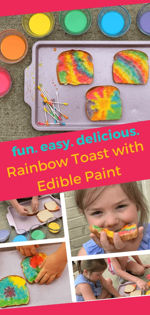 there is a collage of pictures with rainbow food and paint on the trays