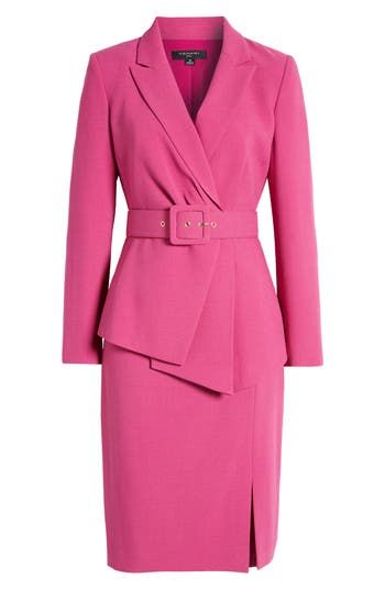 This tailored jacket is designed with a matching belt and a pared-back ruffle, while a simple straight-cut skirt completes the polished look. Jacket has notched lapels; long sleeves Lined 96% polyester, 4% elastane Dry clean Imported Tailored Formal Outerwear With Belt Detail, Classic Fitted Outerwear With Belt Detail, Elegant Notch Lapel Outerwear With Belt, Fitted Outerwear With Belt Detail For Workwear, Chic Formal Blazer With Belt Detail, Elegant Workwear Blazer With Belt Detail, Elegant Blazer With Belt Detail For Work, Elegant Semi-formal Outerwear With Belt Loops, Elegant Tailored Belted Blazer