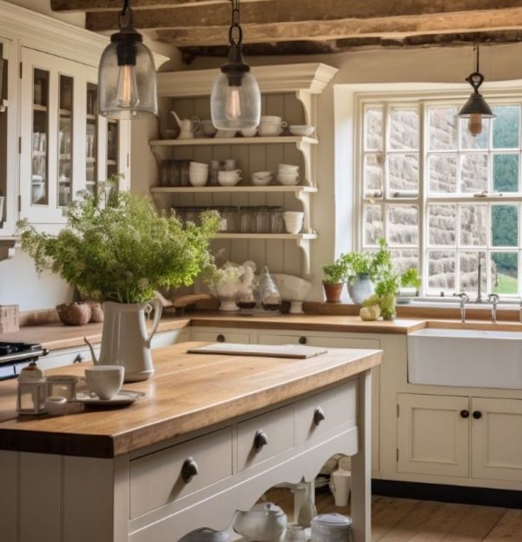 a kitchen filled with lots of white cabinets and wooden counter top next to a window