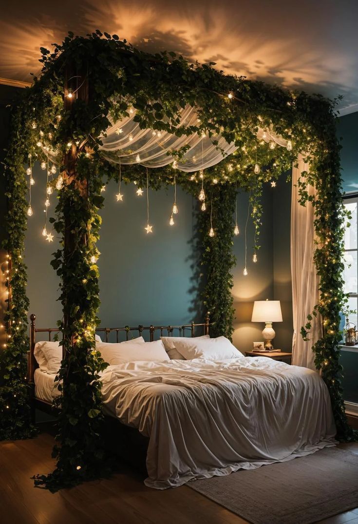 Green Bedding Aesthetic Boho, Cool Canopy Bed Ideas, Room Ideas For A Big Room, Whimsical Fairy Room Decor, Cute Things For Bedroom, Fairytale Forest Bedroom, Fairy Forest Bedroom Ideas, Room Decor Green Aesthetic, Space Saving Room Ideas