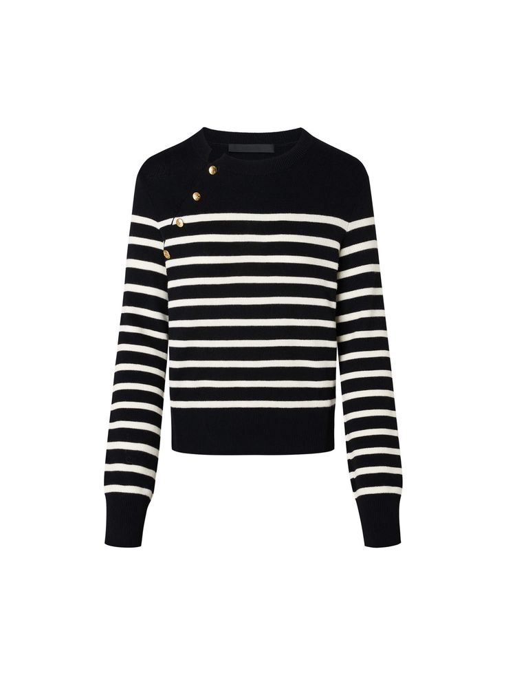 MO&Co. Women's Wool Striped Knit Sweater This sweater is made from soft and delicate Merino wool, the classic black and white striped sweater features vintage-inspired metal buttons and can be dressed up or down. Perfect for everyday elegance and romantic rendezvous. Features : - Regular fit, crewneck design- Classic black and white stripes, vintage metal button- Ribbed knit details on cuffs and the bottom Code: MBD1SWT012The back length of size S is 54.5cmMATERIALS & CARE Material: 100% WoolPle Crewneck Design, Color Stripes, White Sweaters, Striped Knit, Metal Buttons, Stripe Sweater, Classic Black, White Stripe, Ribbed Knit