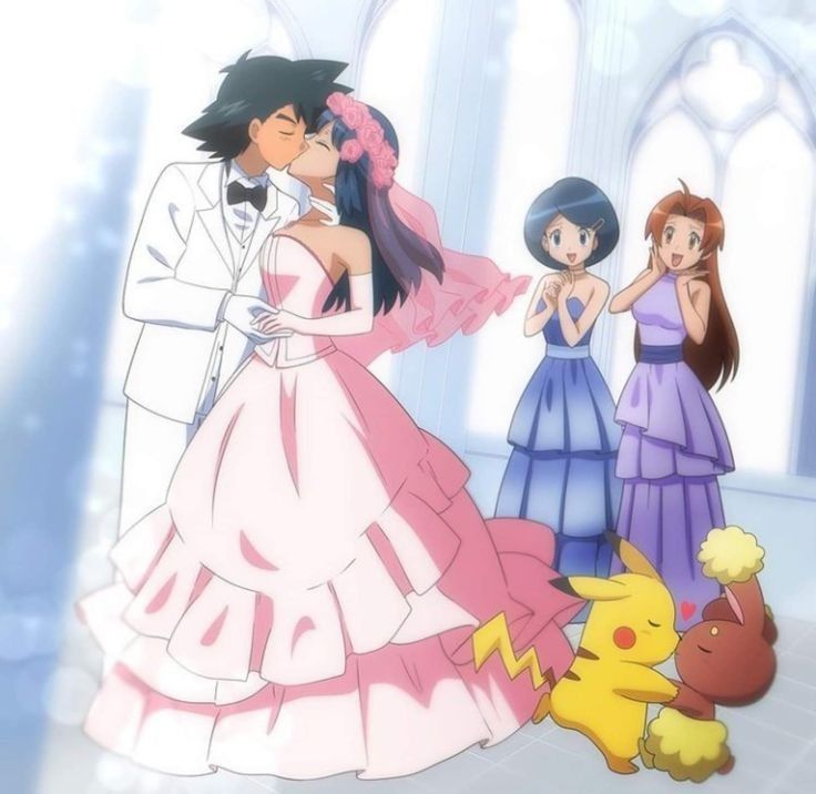 an animated image of people dressed up in formal attire and pokemon characters standing around each other