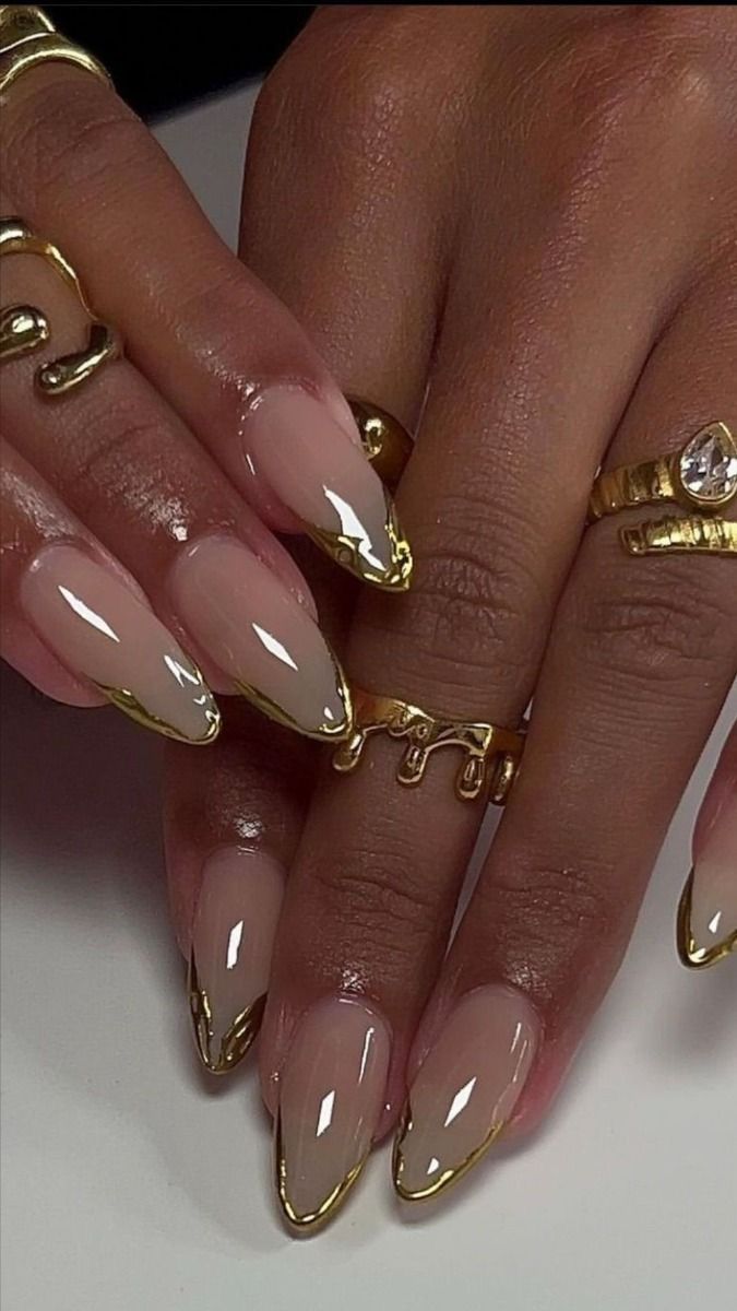 ౨ৎ gold nails, acrylics, almond nails, fall nails Simple Nail Coffin, Chrome With Design Nails, Nail Chrome Ideas, Dope Nail Designs Almond Short, Crome Nails Designs Square, Nails Chrome Designs, Long Almond Nail Designs, Pretty Almond Nails, Almond Shape Nail Designs