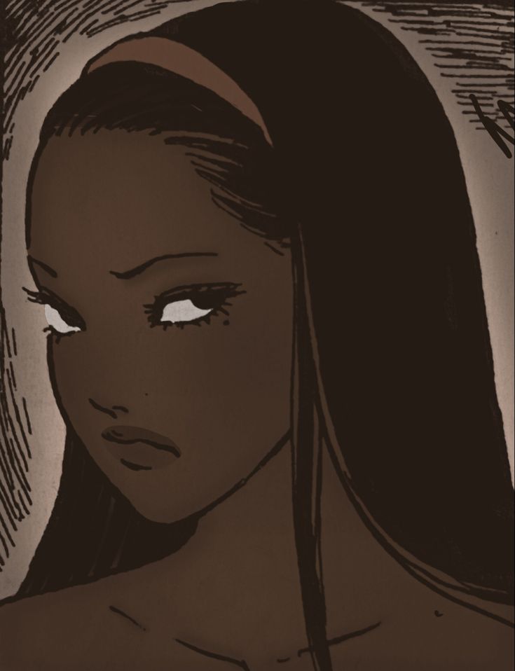 an animated image of a woman with long dark hair and white eyes, looking at the camera