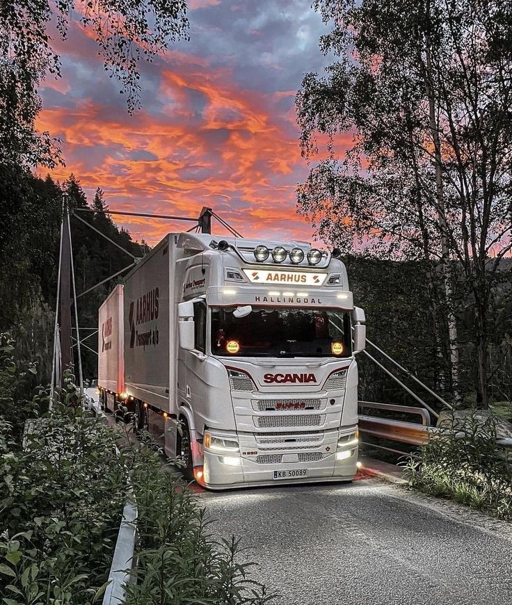 a large truck driving down a road next to some trees and bushes under a colorful sky