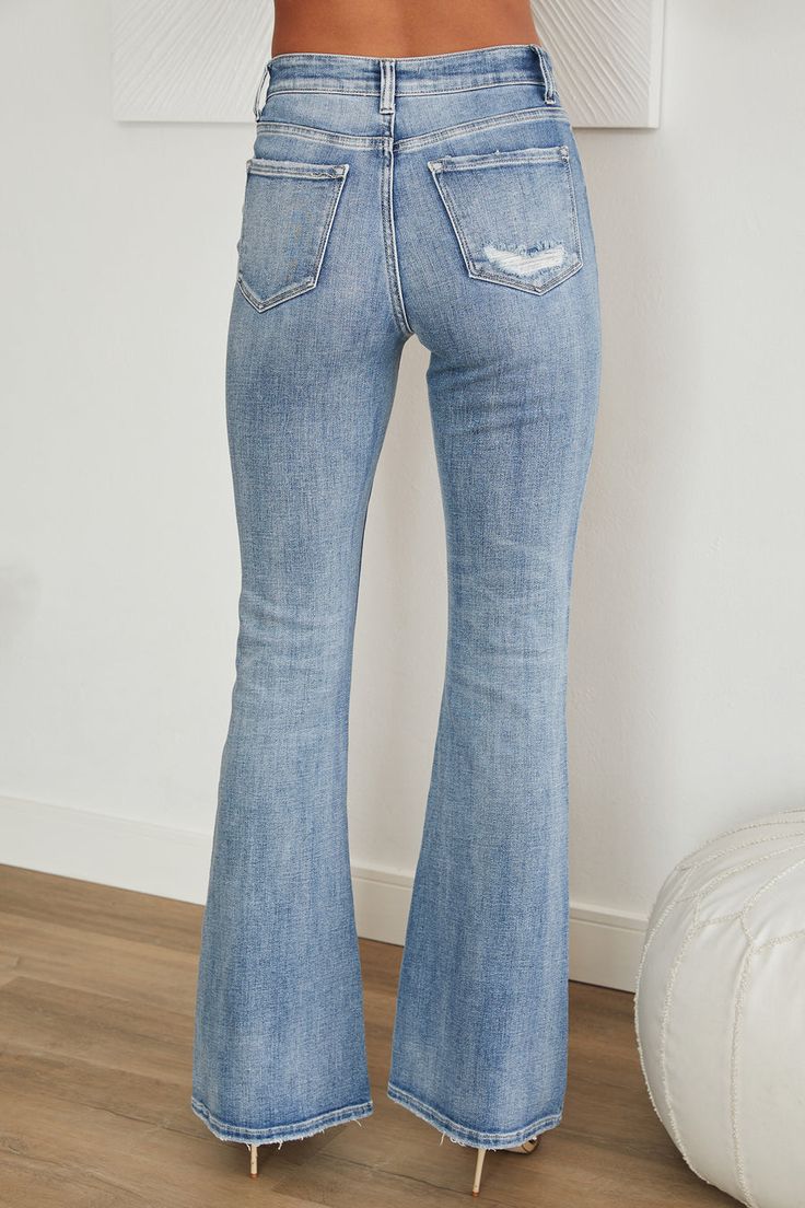 HIGH RISE FLARE Light Flare, Bell Bottom Jeans, Flare Jeans, High Rise, Light Blue, Spandex, Pants, How To Wear, Blue